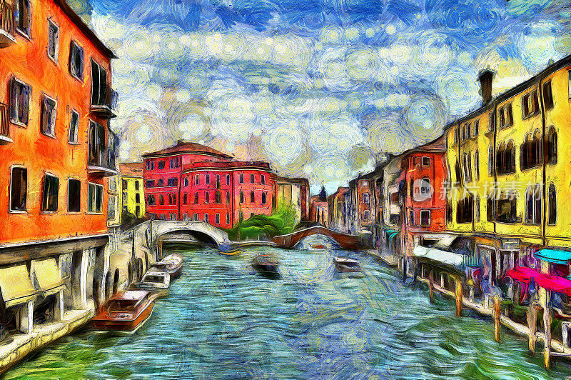 威尼斯运河与中世纪的老房子，数字模仿梵高的绘画风格