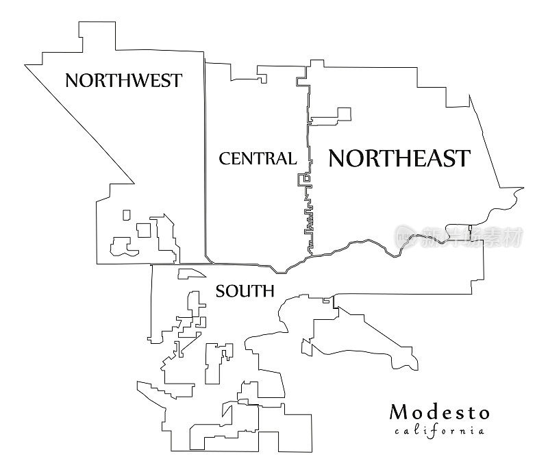 现代城市地图-莫德斯托美国加利福尼亚州城市与邻里和标题大纲地图