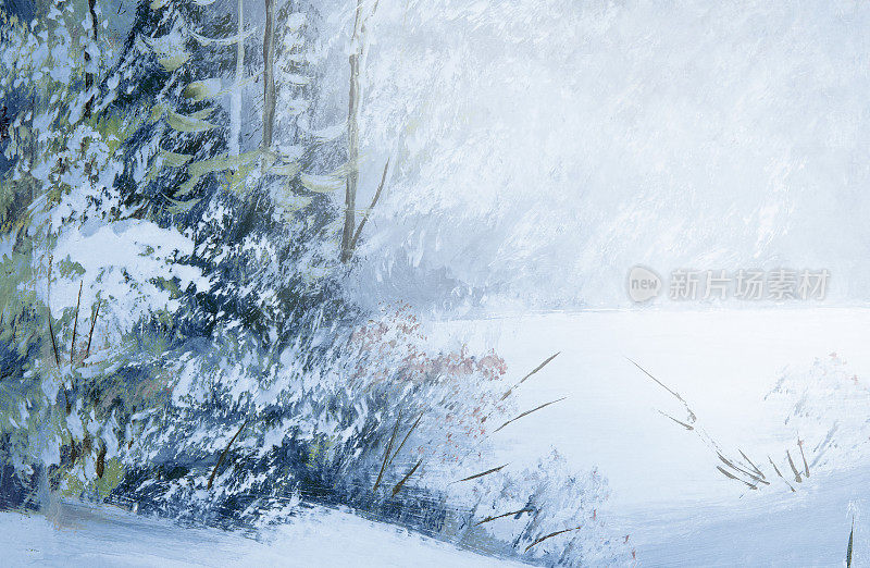 白雪冬天森林油画新年和圣诞背景与复制空间。