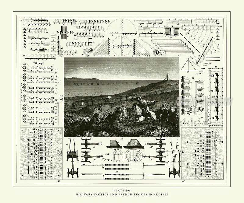 雕刻古董，军事战术和法国军队在阿尔及尔雕刻古董插图，出版1851年