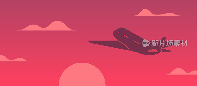 飞机在日落天空飞行矢量插图。概念度假与飞机和红色日落背景