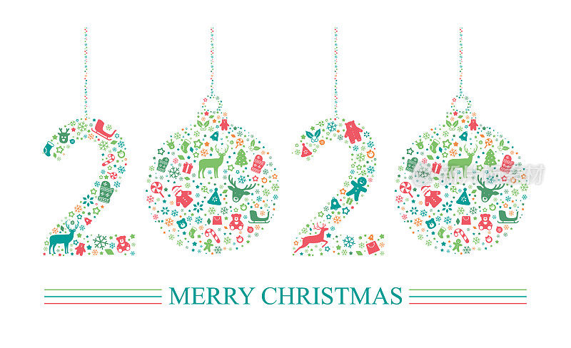 2020年新年贺卡，圣诞快乐，矢量插图