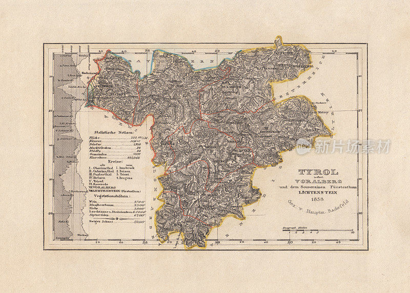 蒂罗尔(奥地利)古地图，钢版画，出版于1858年