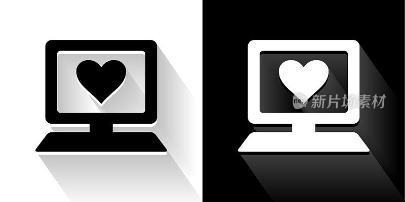 电脑和心黑色和白色图标与长影子