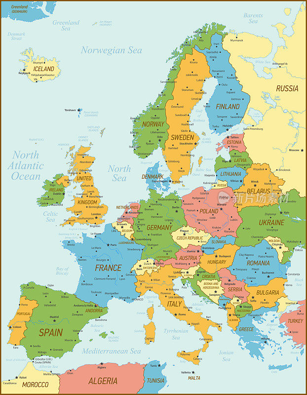 欧洲地图。复古地图与爱沙尼亚，德国，西班牙，挪威和河流