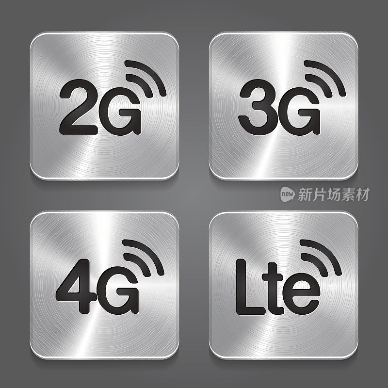 2G、3G、4G和LTE技术符号。金属按钮图标