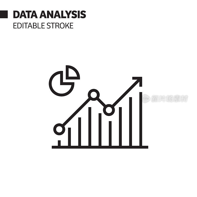 数据分析线图标，轮廓矢量符号插图。完美像素，可编辑的描边。