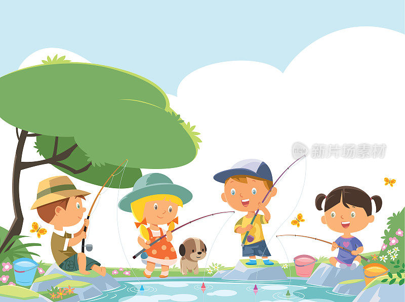 快乐的孩子们在公园钓鱼