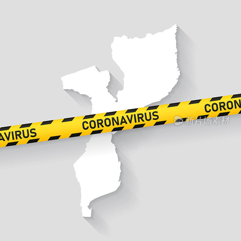 带有冠状病毒警告胶带的莫桑比克地图。Covid-19爆发