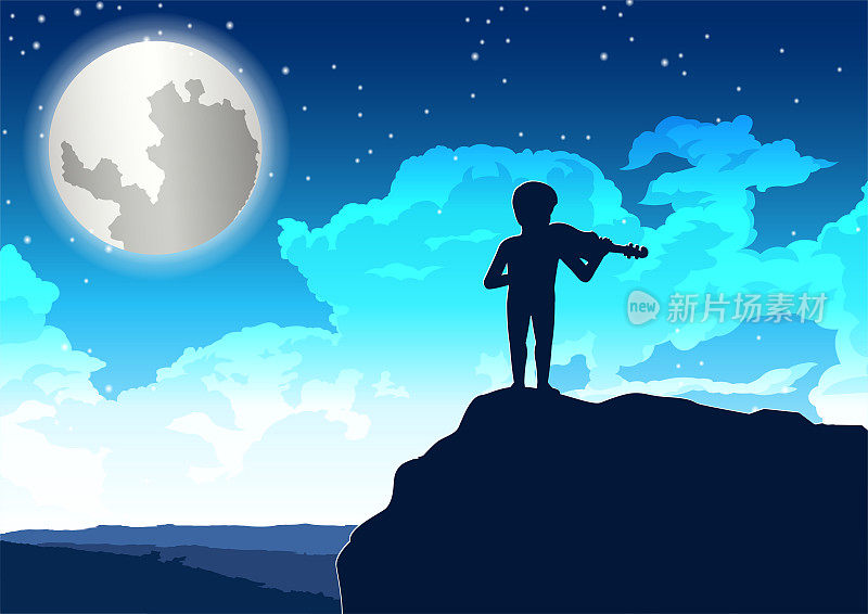 孤独的夜晚，男孩在悬崖上拉小提琴