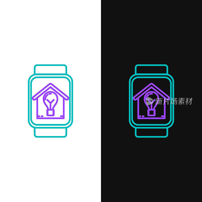 绿色和紫色线智能手表与智能房子和灯泡图标隔离在白色和黑色的背景。矢量图