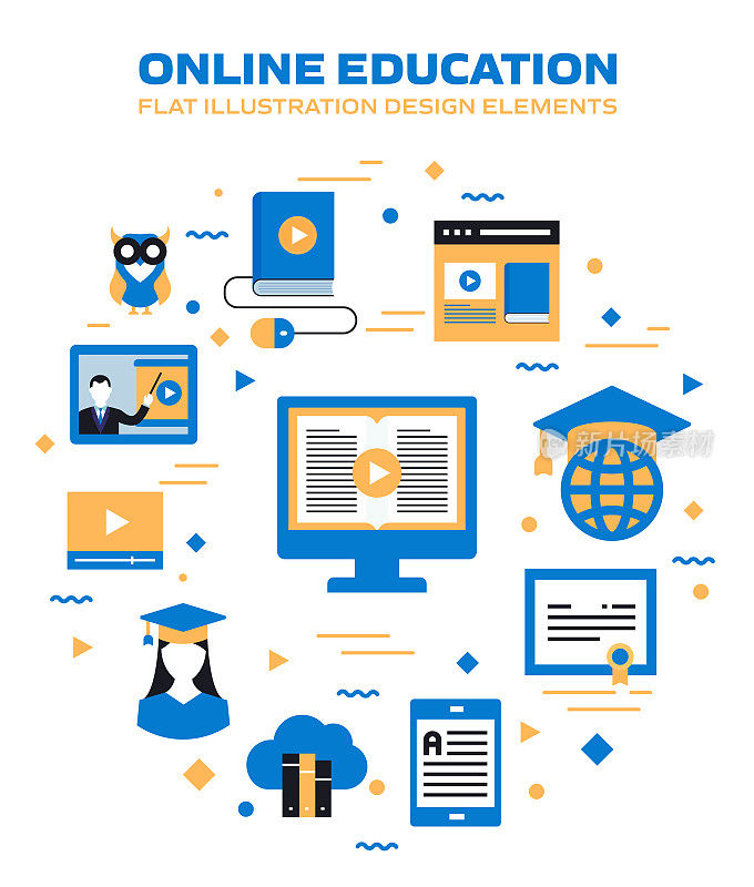 电子学习，在线教育，家庭学校相关的矢量组的平面图标和信息图形设计