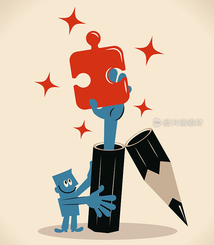 写(一本书)就像玩拼图游戏;微笑的作家(编辑、翻译)靠笔生活;一只大铅笔被打开了，一只手从里面伸出来，拿出了一块拼图