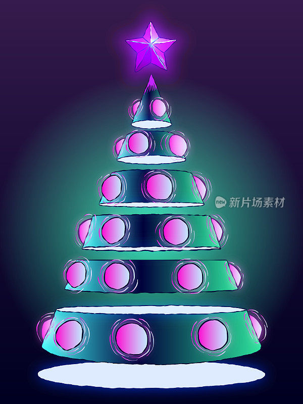 手绘未来圣诞插图-发光的科技树。