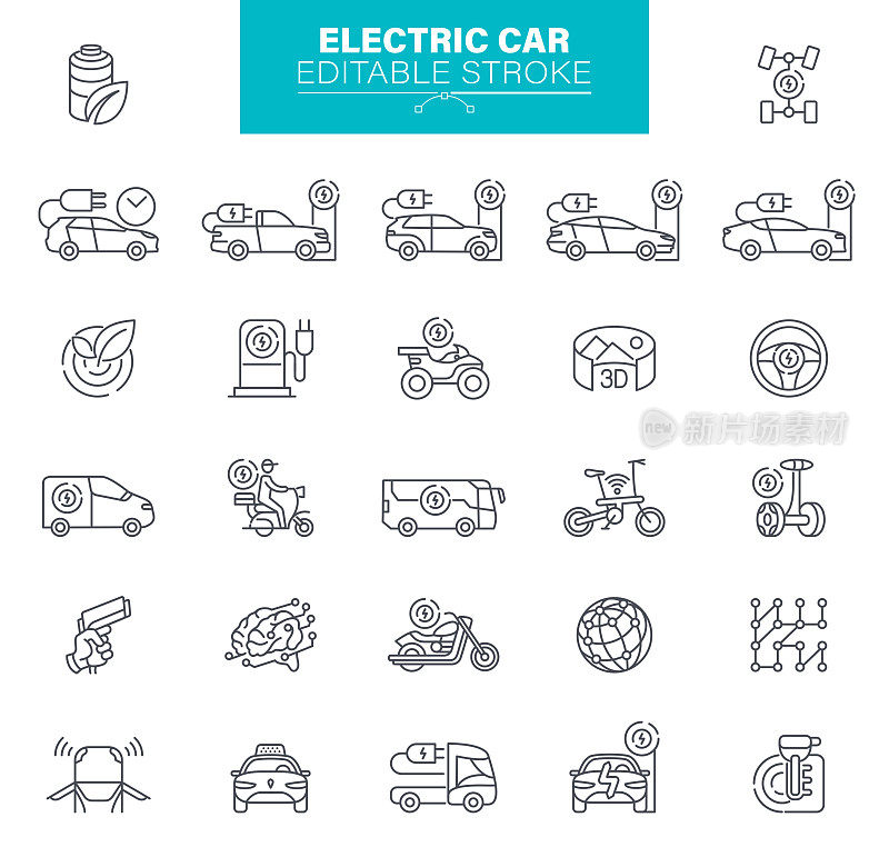 电动汽车图标可编辑的笔触。包含生态、环境、电缆插头、充电符号等图标
