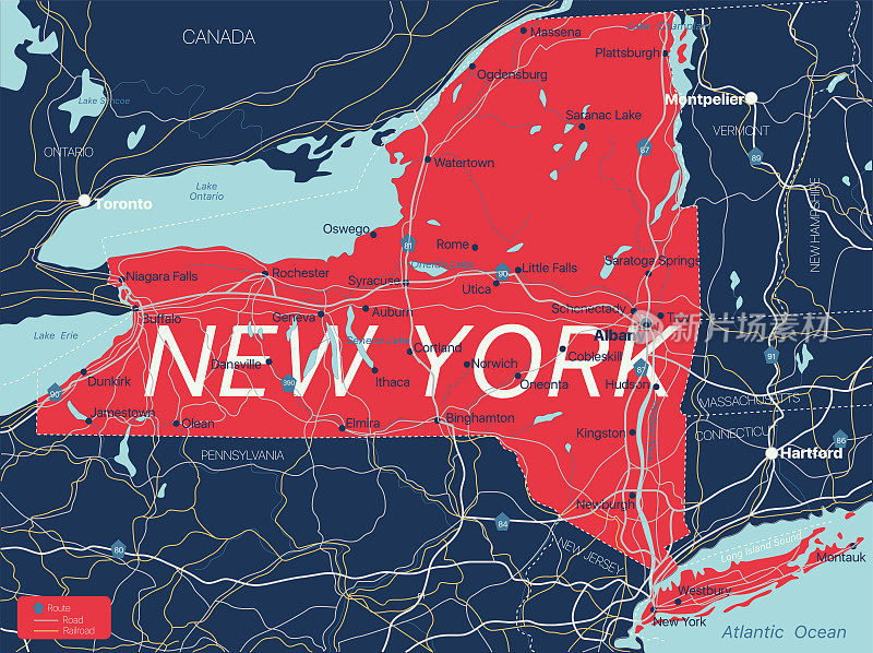 纽约州详细的可编辑地图