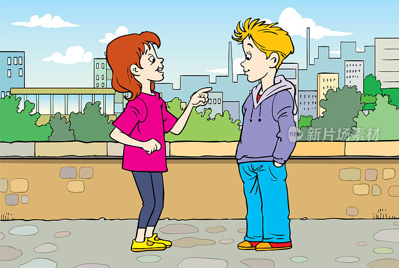 年轻的男孩和女孩说话插图