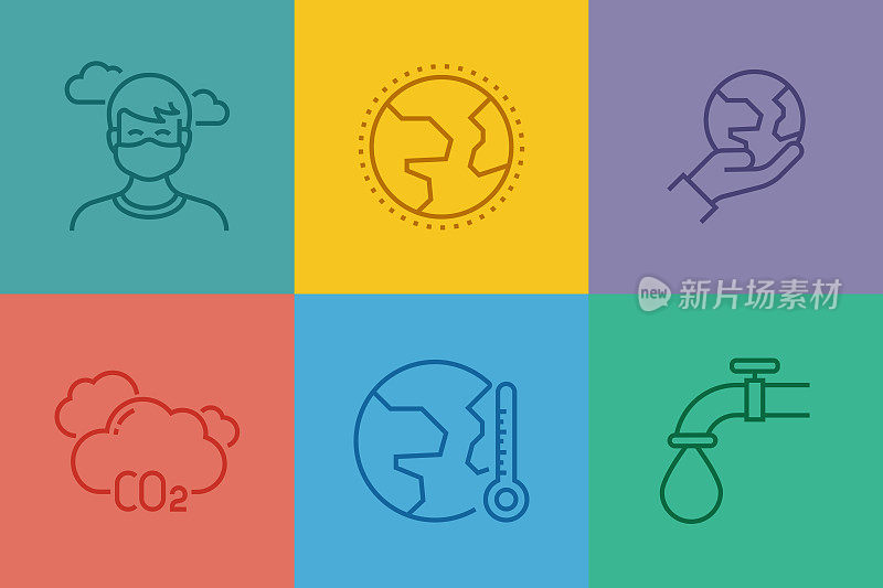 全球变暖相关线图标，轮廓矢量符号插图。