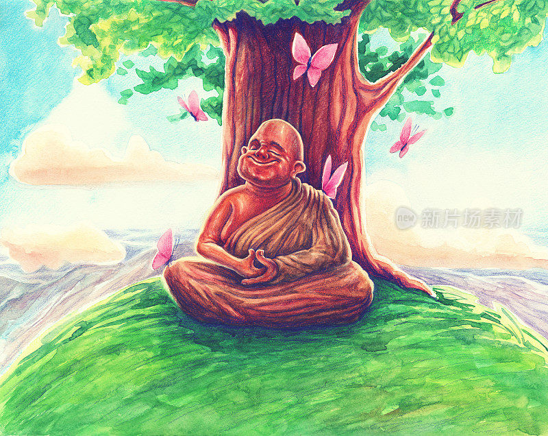 黄衣禅坐菩提树，水彩画艺术，手绘佛陀集中在一个三摩地状态，瑜伽修行者静修，开悟，老师插图。