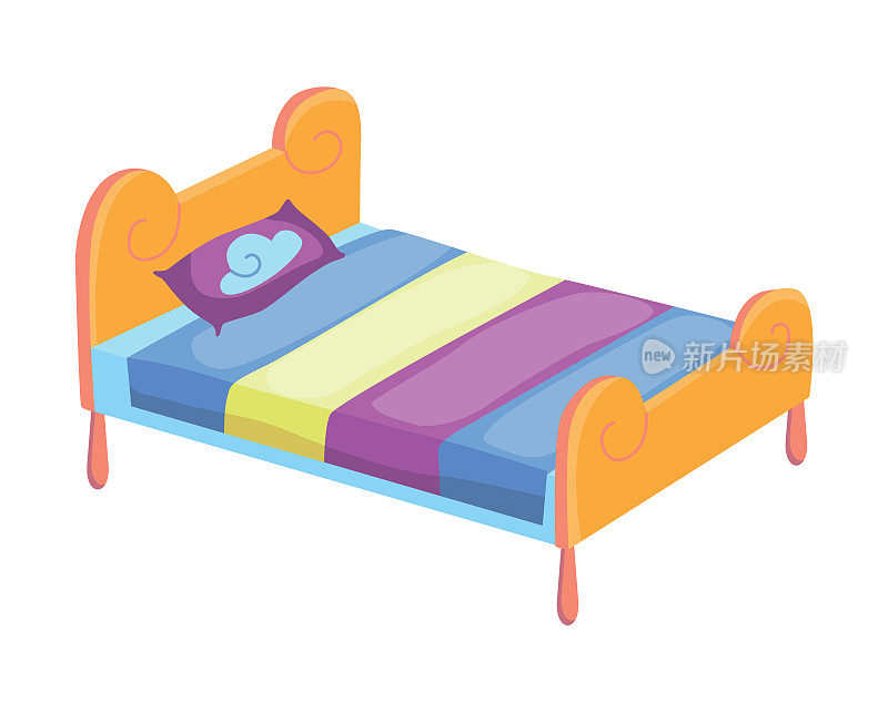 床上的卡通。矢量插图的颜色床与枕头和覆盖。图标的家具