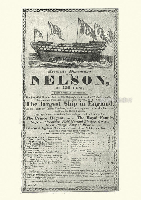 展示皇家海军纳尔逊号(1814年)的老式海报，皇家海军拥有126门火炮的第一流舰艇