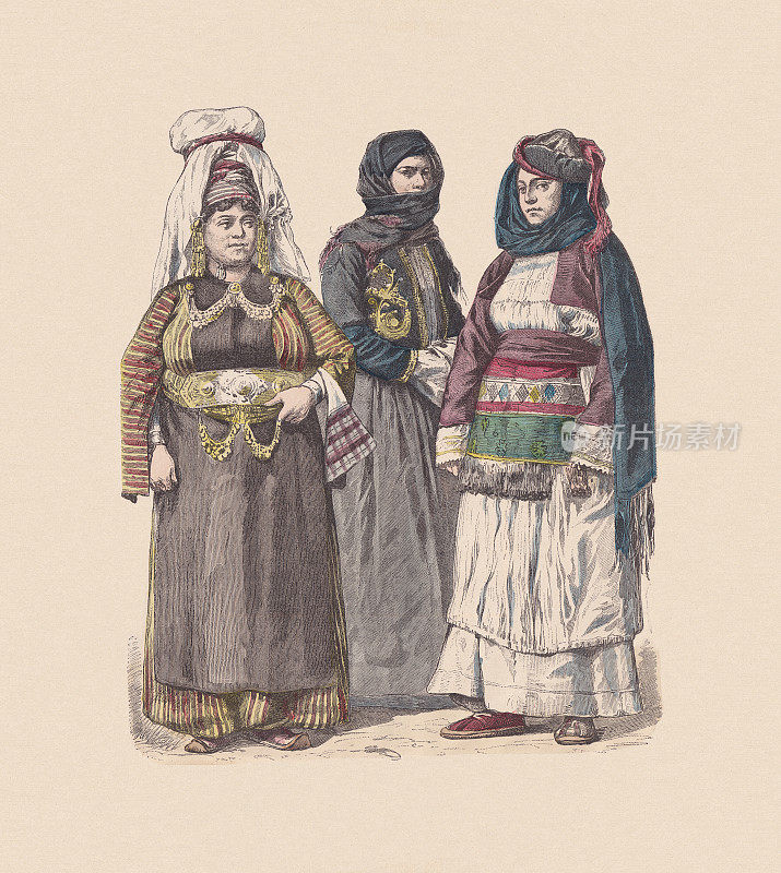 19世纪，土耳其服饰，手工着色木刻，大约出版于1880年