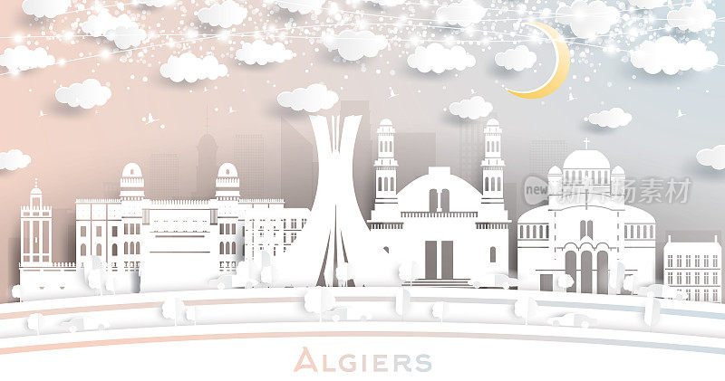 阿尔及利亚城市天际线剪纸风格的白色建筑，月亮和霓虹灯花环。