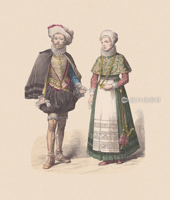 17世纪，丹麦服饰，手工着色木刻，大约出版于1880年