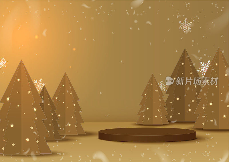 讲台上装饰着圣诞树、雪花、星星纷飞。底座场景与产品，广告，展示，奖项在棕色背景。冬季背景。矢量插图。