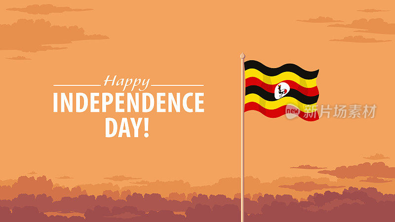 在多云的天空背景前飘扬的乌干达国旗。