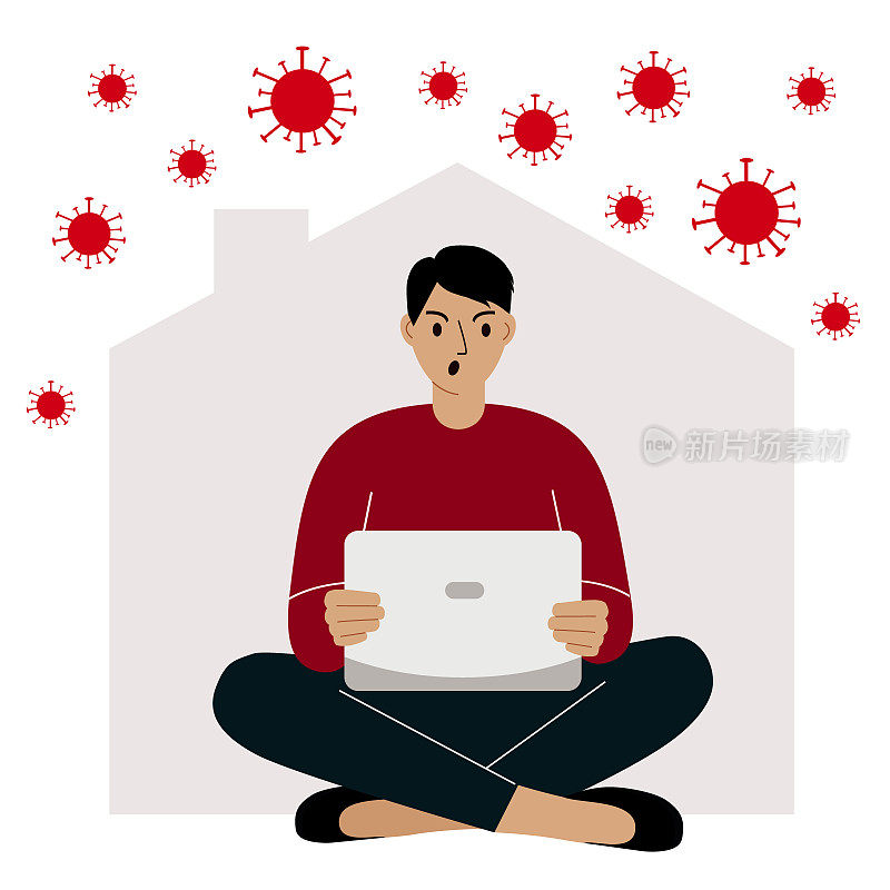 Self-quarantine概念。在病毒爆发期间在家工作。用笔记本电脑工作的人。愤怒、抑郁