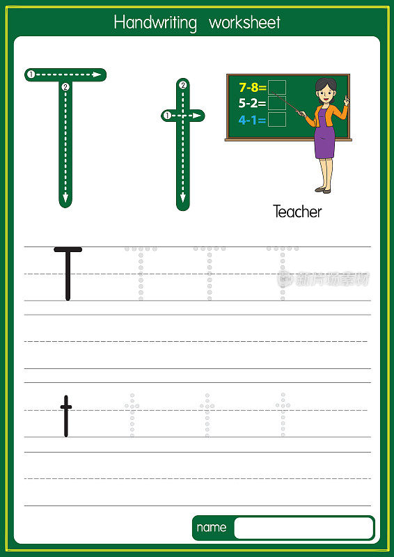 矢量说明教师与字母T大写字母或大写字母的儿童学习练习ABC