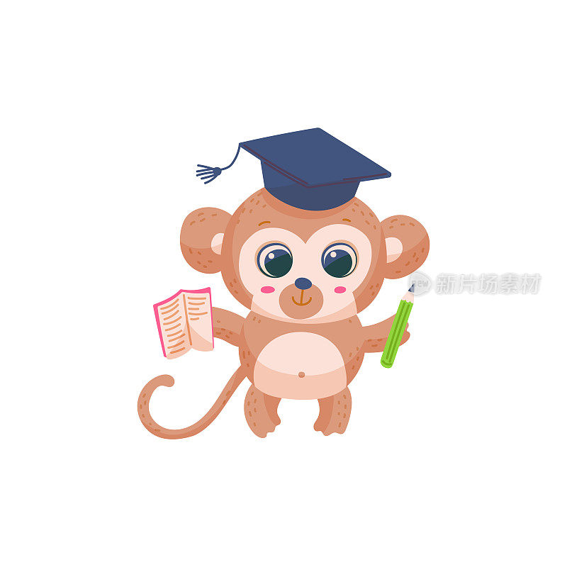 可爱聪明的猴子用教科书和铅笔，平面矢量插图孤立。