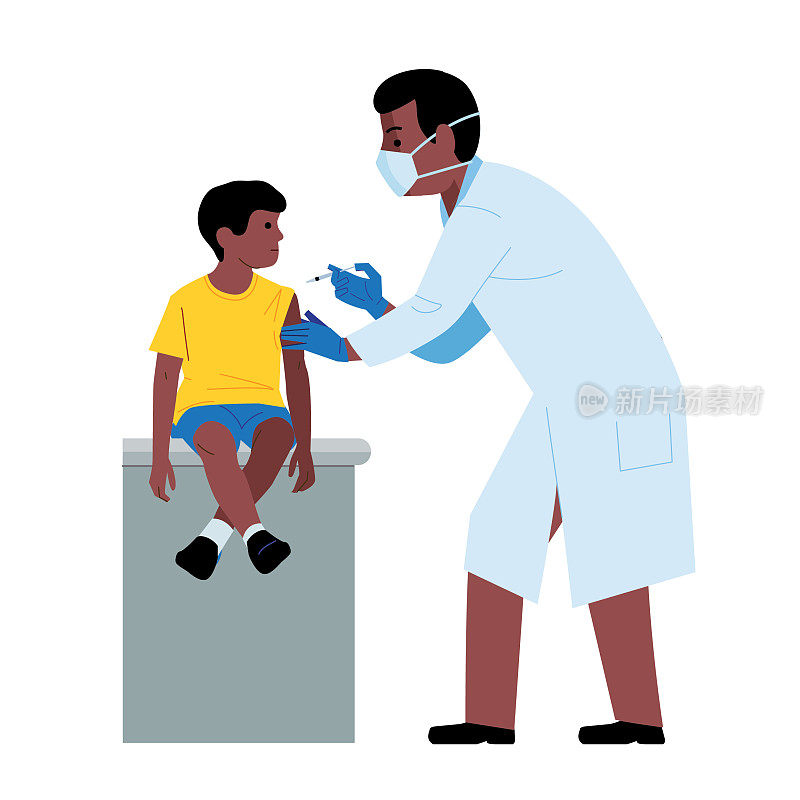 医生在透明的背景下给黑人儿童注射疫苗