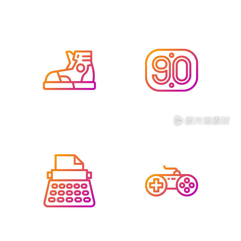 设置线手柄，复古打字机，运动运动鞋和90年代。渐变颜色图标。向量