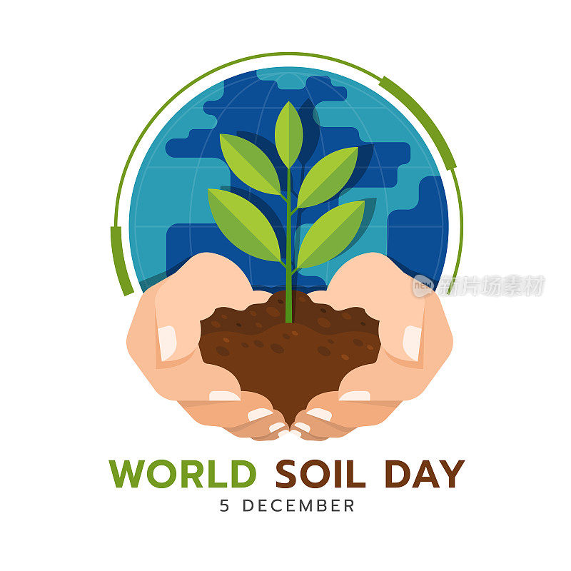 世界土壤日-双手握住土壤与树苗和圆地球世界矢量设计