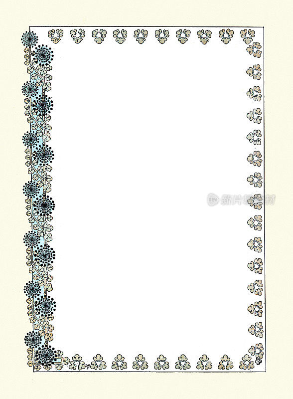 华丽的新艺术风格，花卉边框，空白证书，维多利亚，19世纪