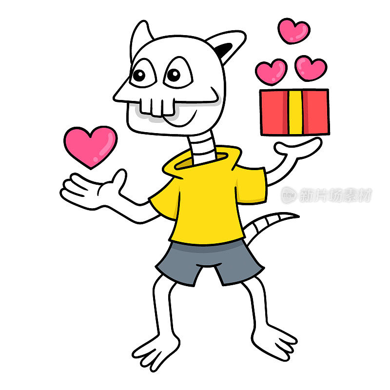 瘦骨嶙峋的猫情人节庆祝带来爱的礼物，涂鸦图标形象可爱