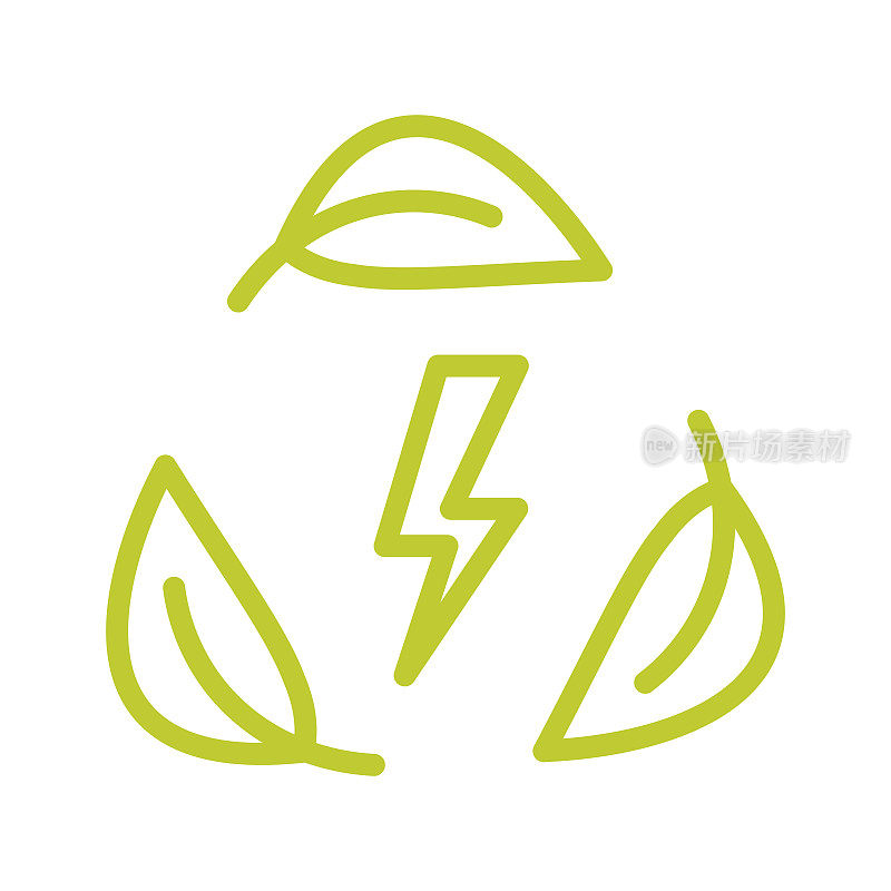 生态能源与树叶。绿叶与螺栓图标。回收和电气标志。可再生能源