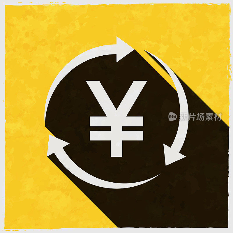 日元重新加载。图标与长阴影的纹理黄色背景