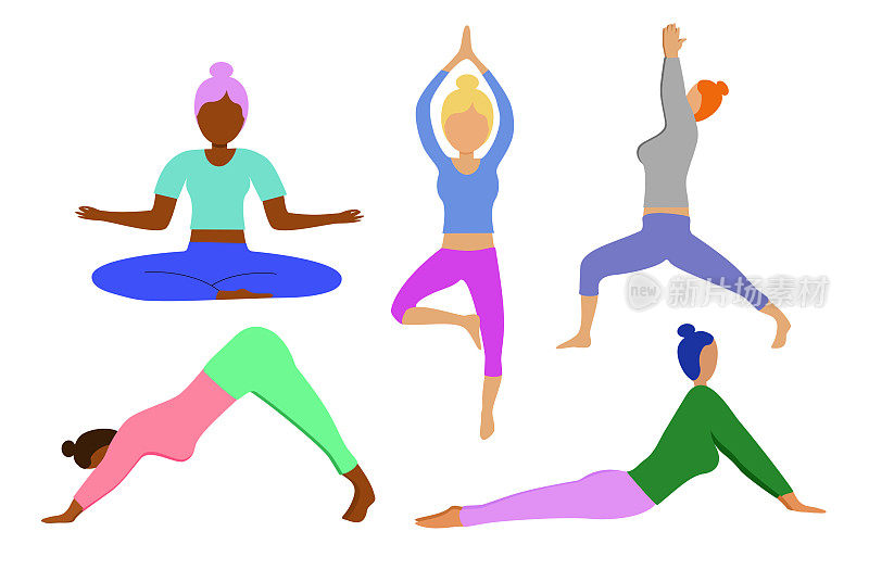 颜色瑜伽集。不同种族的女孩用不同的姿势做瑜伽