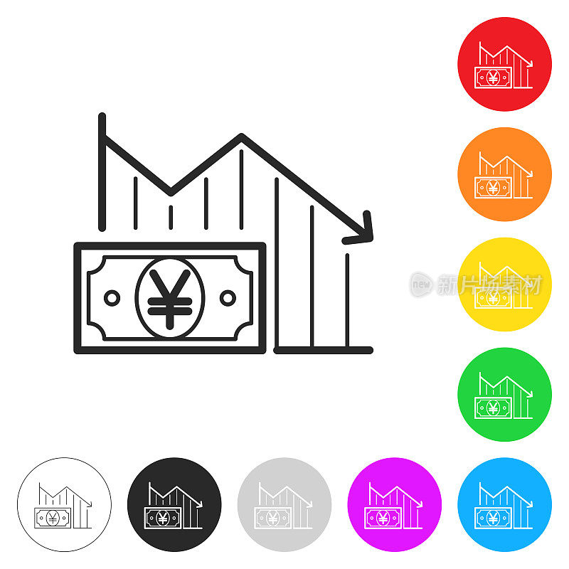 与日元纸币呈现下降趋势。彩色按钮上的图标