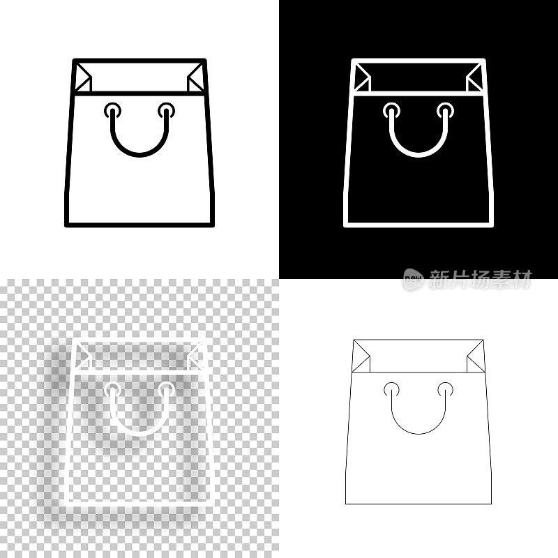 购物袋。图标设计。空白，白色和黑色背景-线图标
