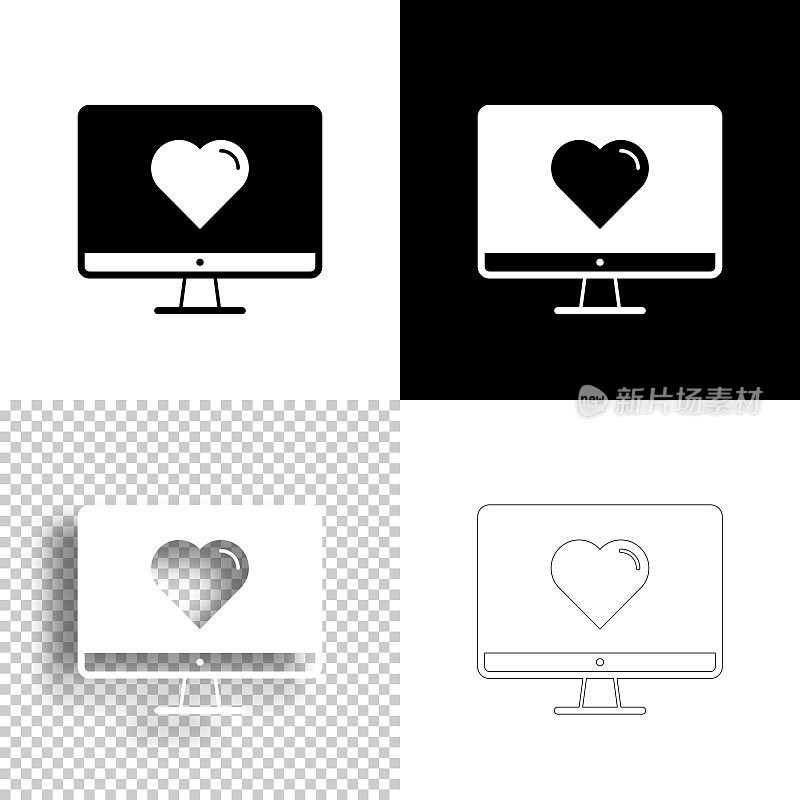 台式电脑用心。图标设计。空白，白色和黑色背景-线图标