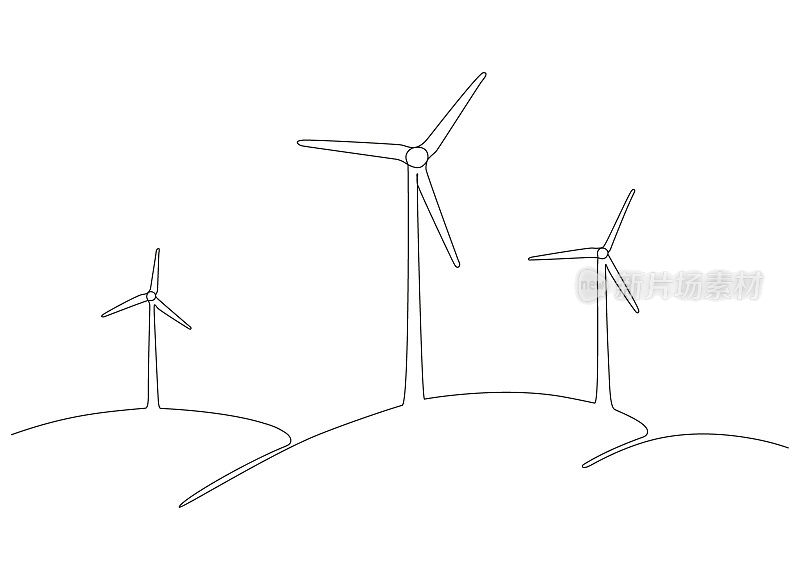 风车、风力发电机、单幅连续画线艺术。风车塔节约生态绿色能源用电。山坡上有风力发电机。矢量1轮廓图