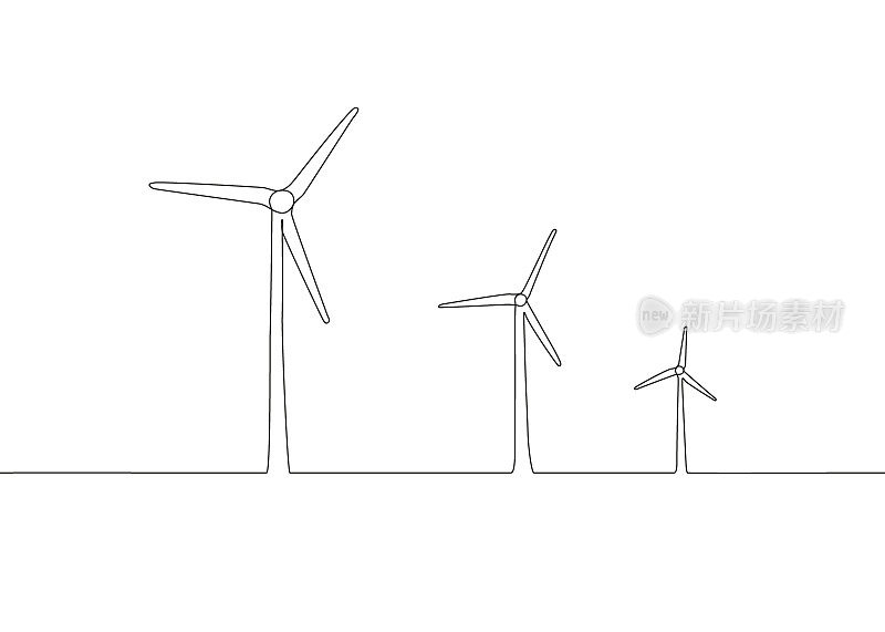 风车、风力发电机、单幅连续画线艺术。风车塔节约生态绿色能源用电。景观与风力发电机。矢量1轮廓图