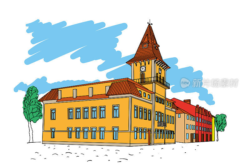 喀尔巴阡山脉的架构。旧市政厅。向量草图。