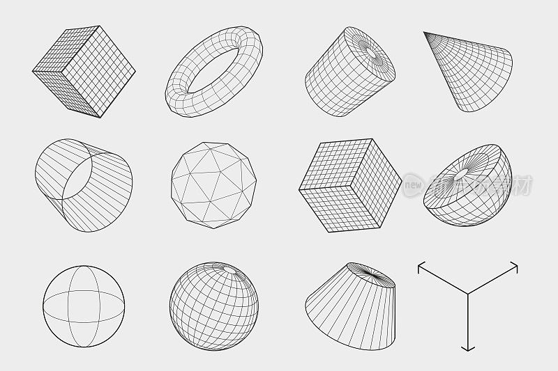 线框多边形元素的集合。带有连接线的几何三维对象。矢量插图集