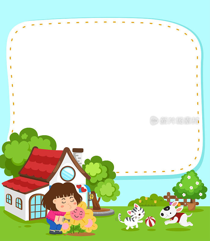空横幅模板与小女孩看着花在房子前面的插图