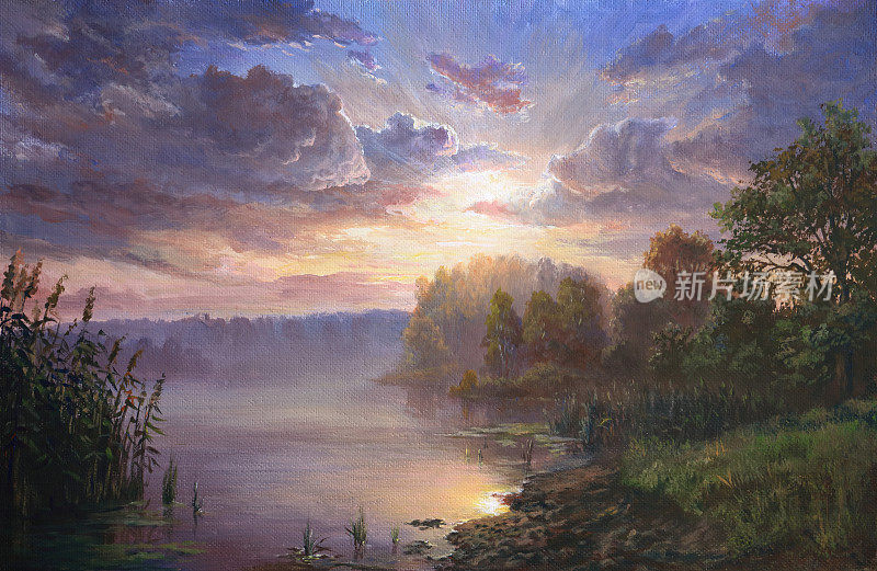 静谧的湖面上，画着油画